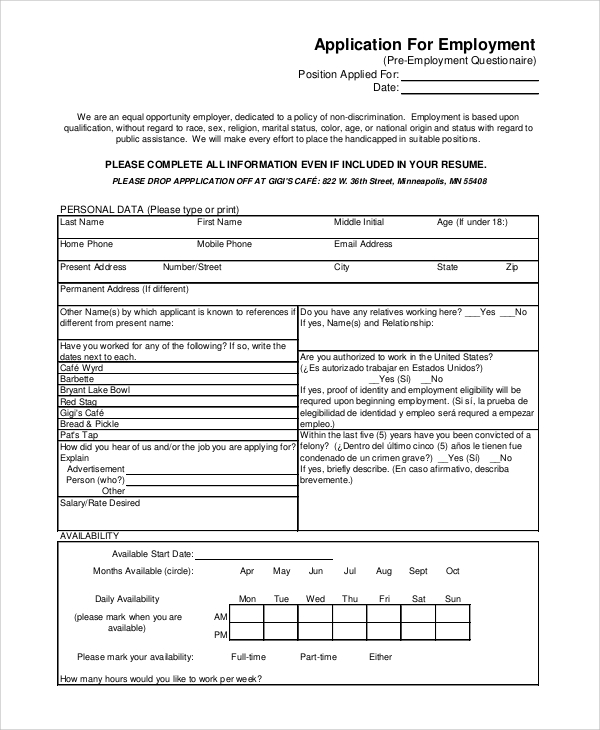 18 FREE PRINTABLE SAMPLE JOB APPLICATIONS SamplePrintable2