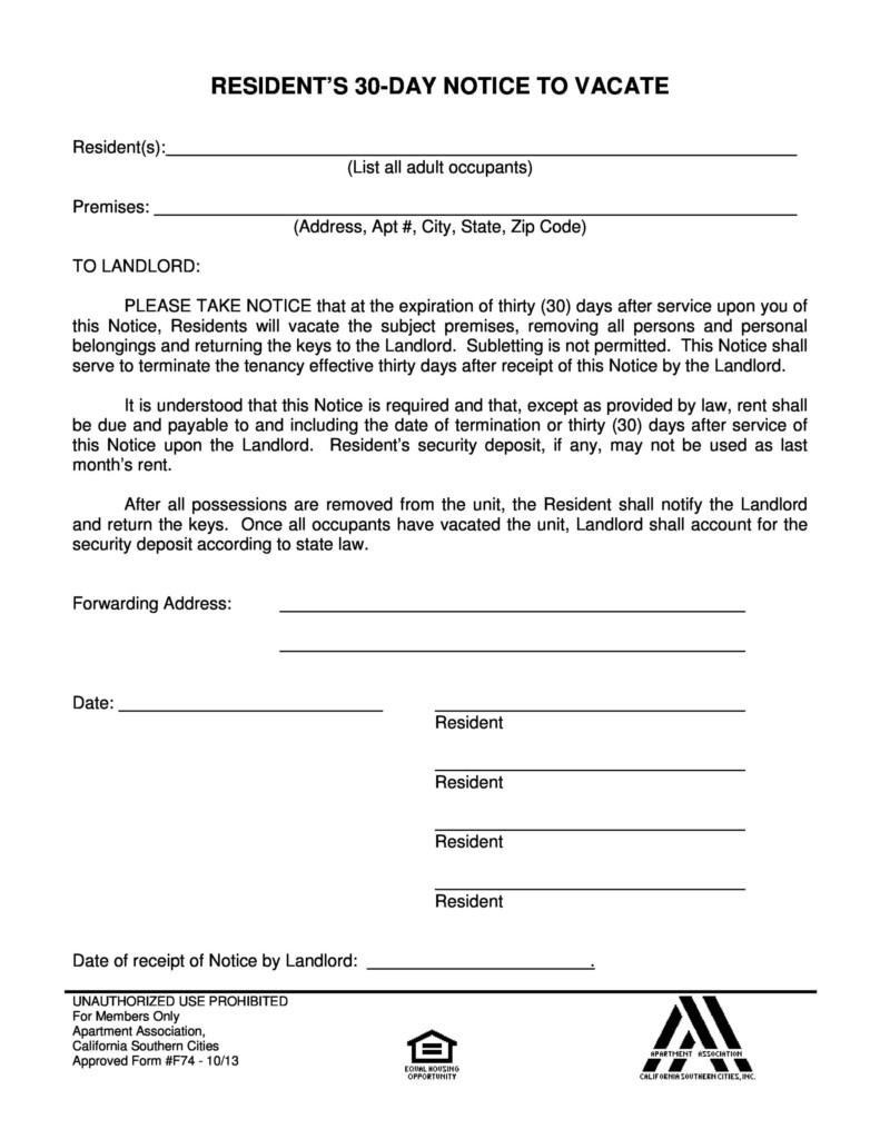 Free Printable 30 Day Notice To Vacate Printable Form Templates And 
