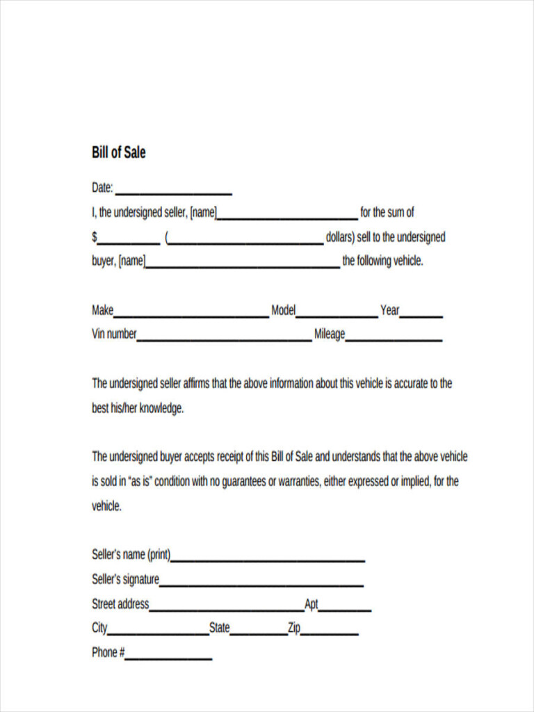 Free Printable Bill Of Sale For Car Georgia