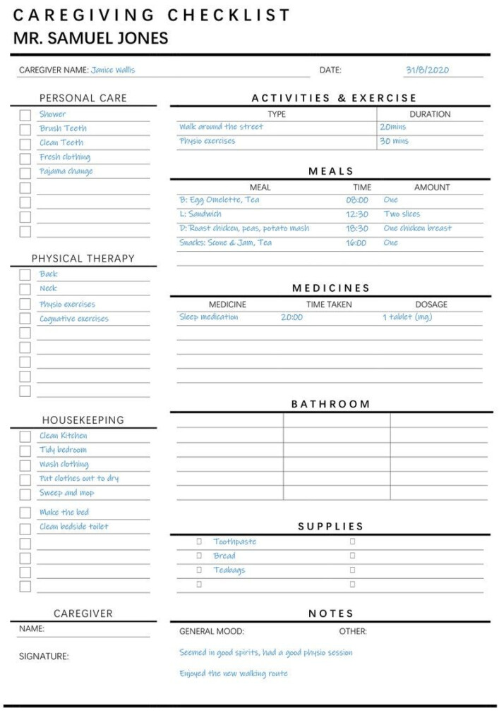Free Printable Caregiver Daily Checklist Elderly Printable Form 