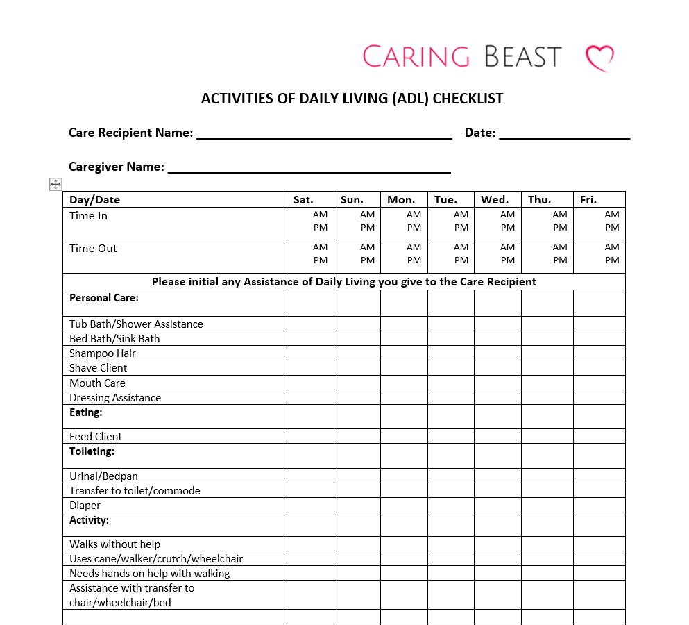 Free Printable Caregiver Daily Checklist Elderly Printable New Year 