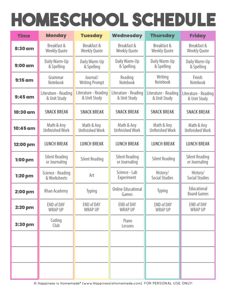 Free Printable Homeschool Daily Schedule Template Fikobritish