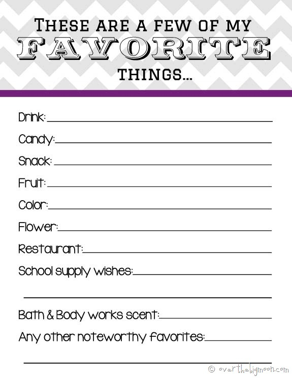 Free Printable My Favorite Things Worksheet