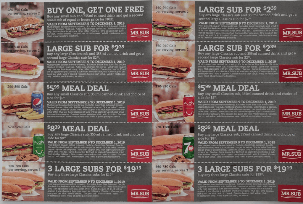 Mr Sub Canada New Coupons Buy One Get One FREE Large Sub For 2 39 