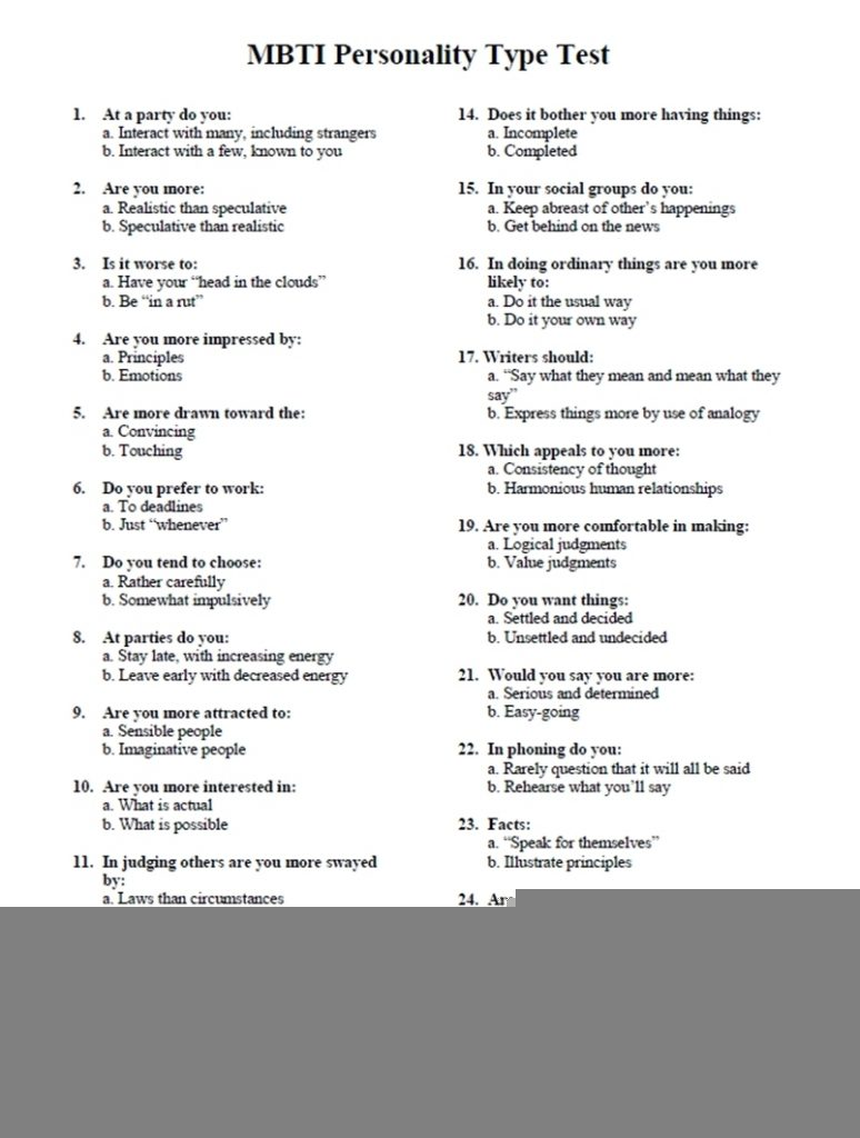 Printable Myers Briggs Personality Test World Of Label Free 