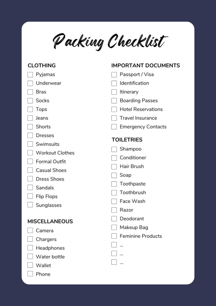 Printable Packing Checklist Blank Vacation Packing List Printable 
