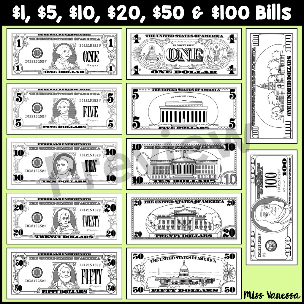 Printable Play Money US Dollar Bills Kindergarten Nation