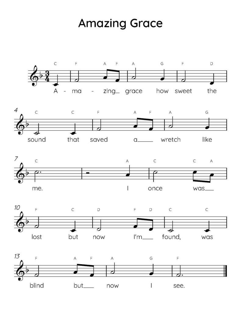 Amazing Grace Easy Piano Sheet Music Digital Downloadable Musical 
