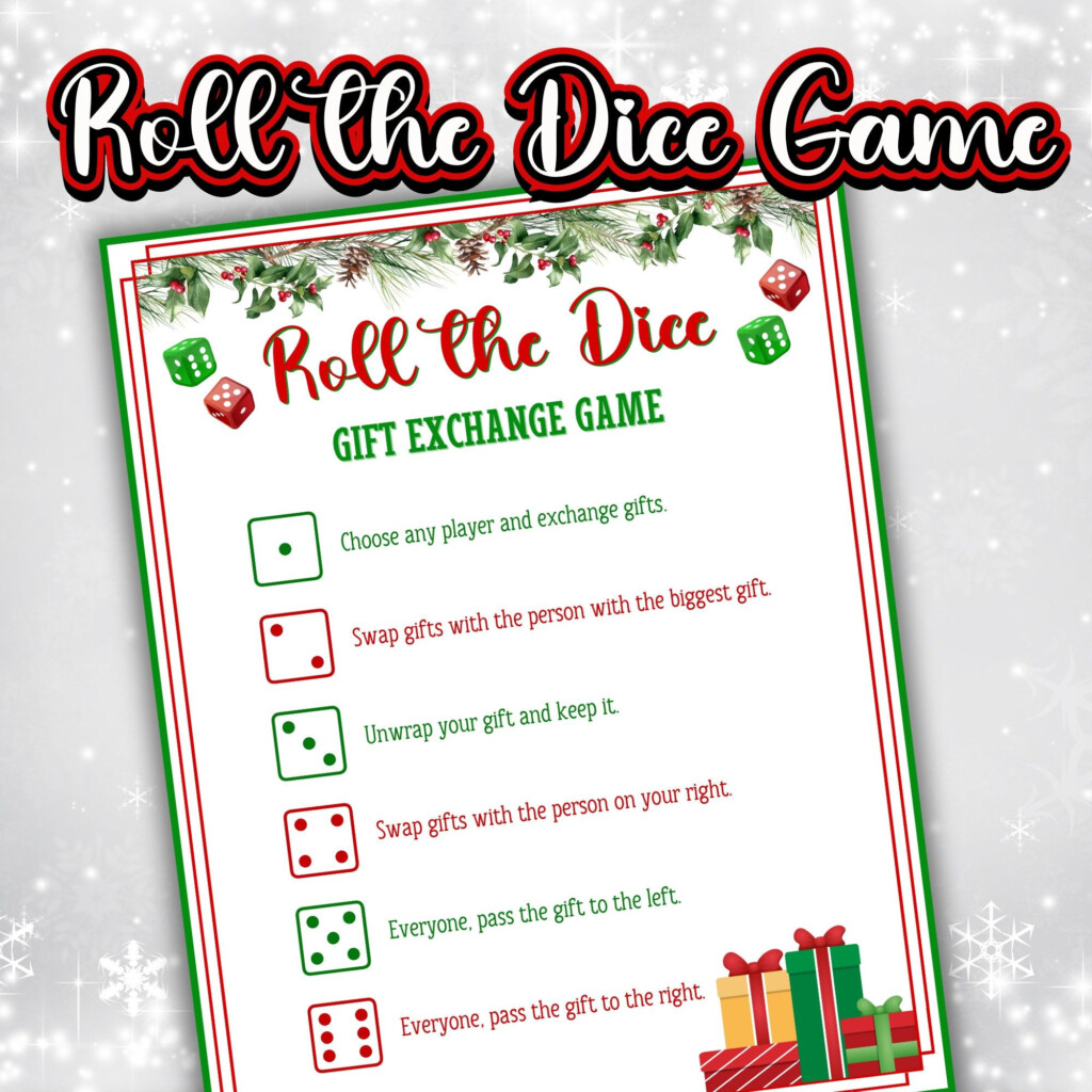Christmas Dice Game Gift Exchange Printable Pass The Gift Game White 