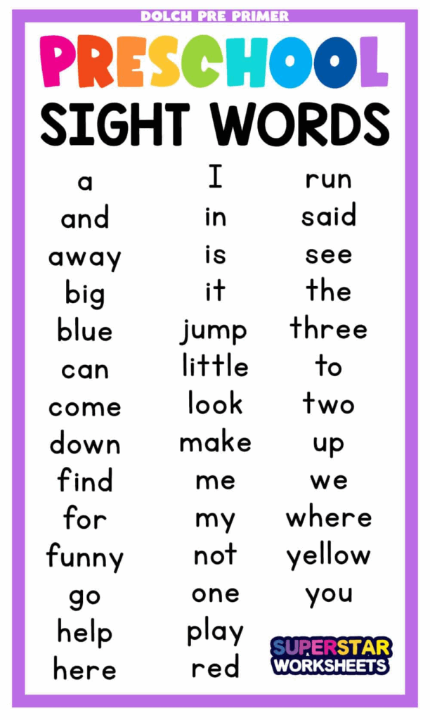 Free Dolch Pre Primer Sight Word Lists For Preschoolers