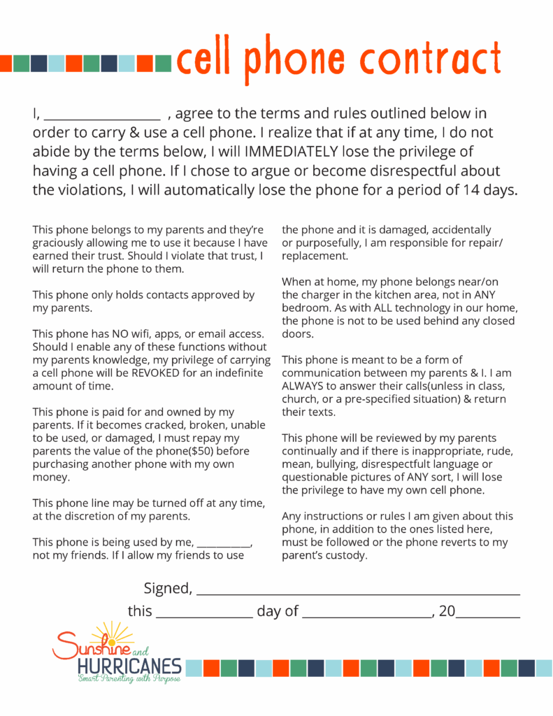 Free Printable Child Cell Phone Contract