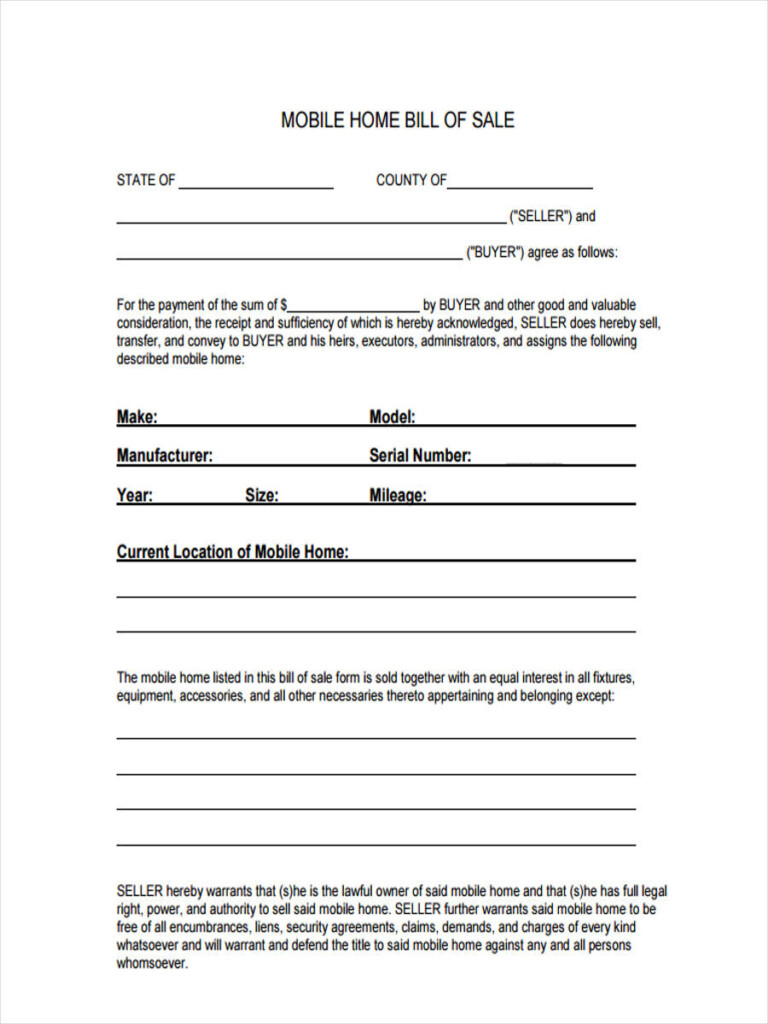 Free Printable Mobile Home Bill Of Sale