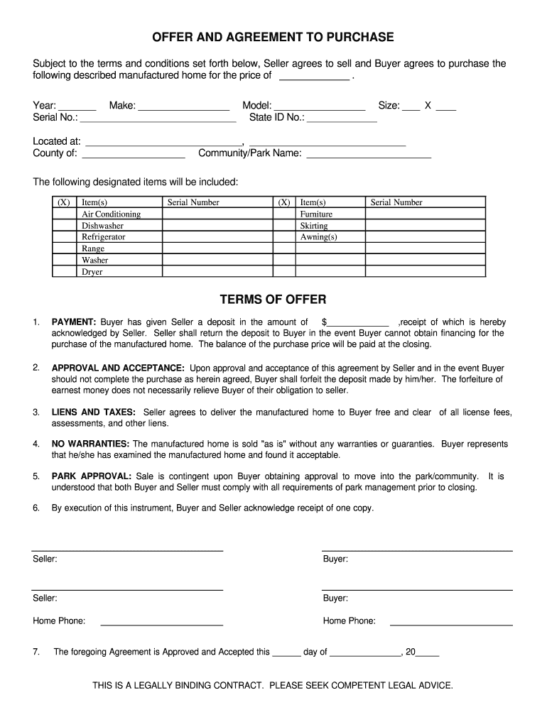 Free Printable Mobile Home Purchase Agreement