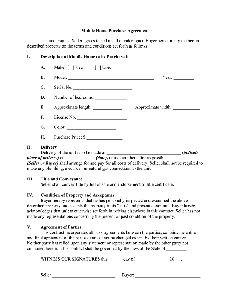 Free Printable Mobile Home Purchase Agreement