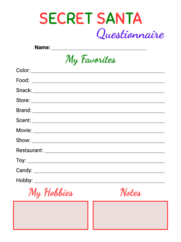 Free Printable Simple Colored Style Secret Santa Questionnaire Template 