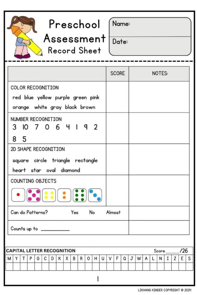 Preschool Assessment Templates 30 Page Printable Kindergarten 