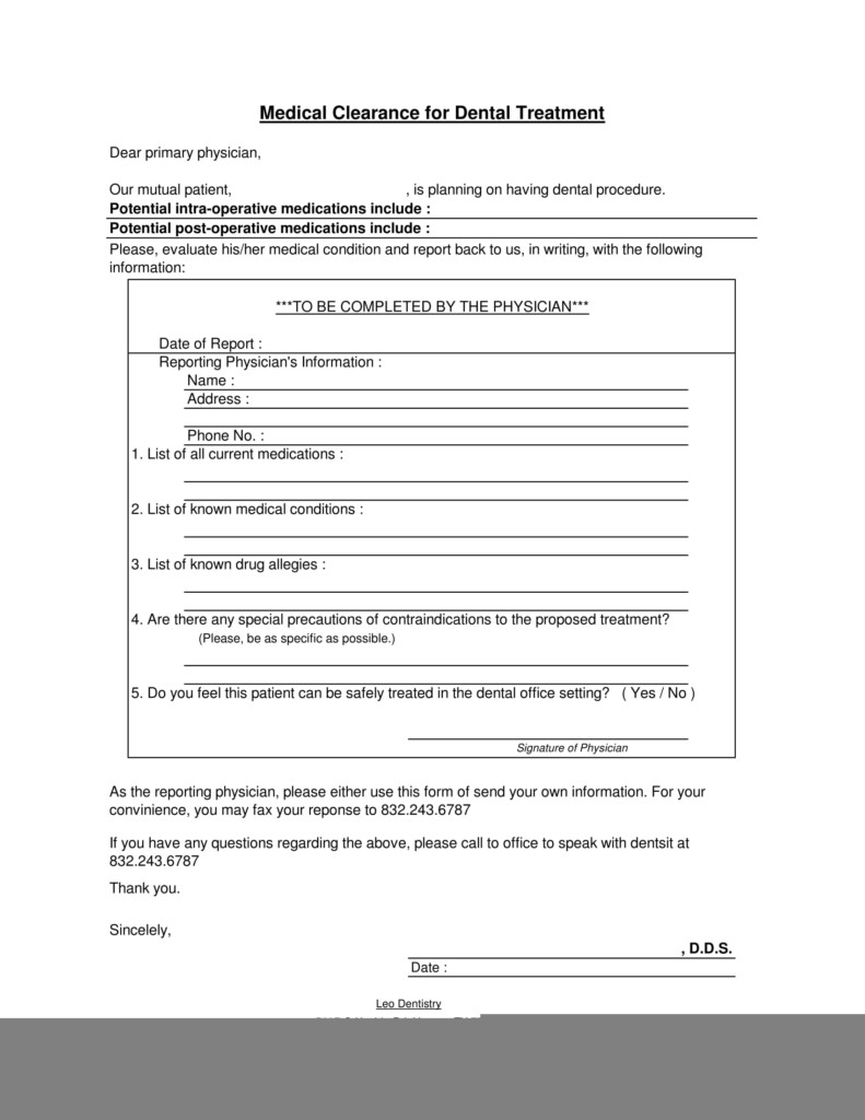 Printable Dental Clearance Form Printable Form 2024