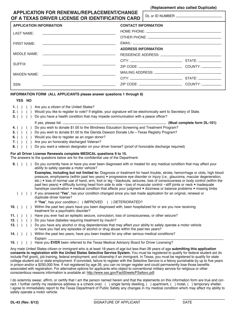 Printable Dl 43 Form Printable Forms Free Online