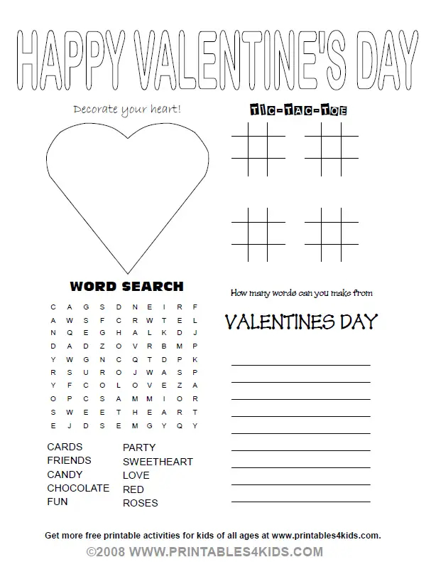 Valentines Day Party Activity Sheet Printables For Kids Free Word 